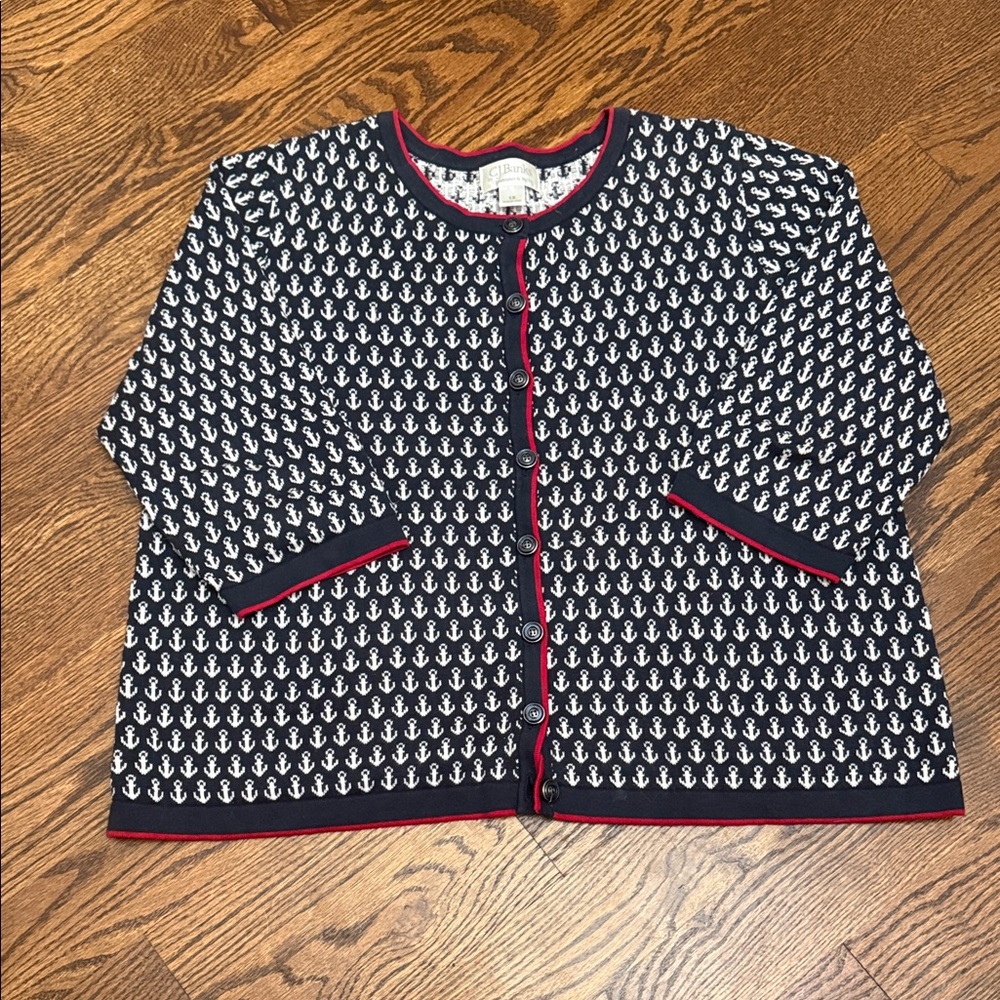 Navy and White Anchor Sweater with Red Trim